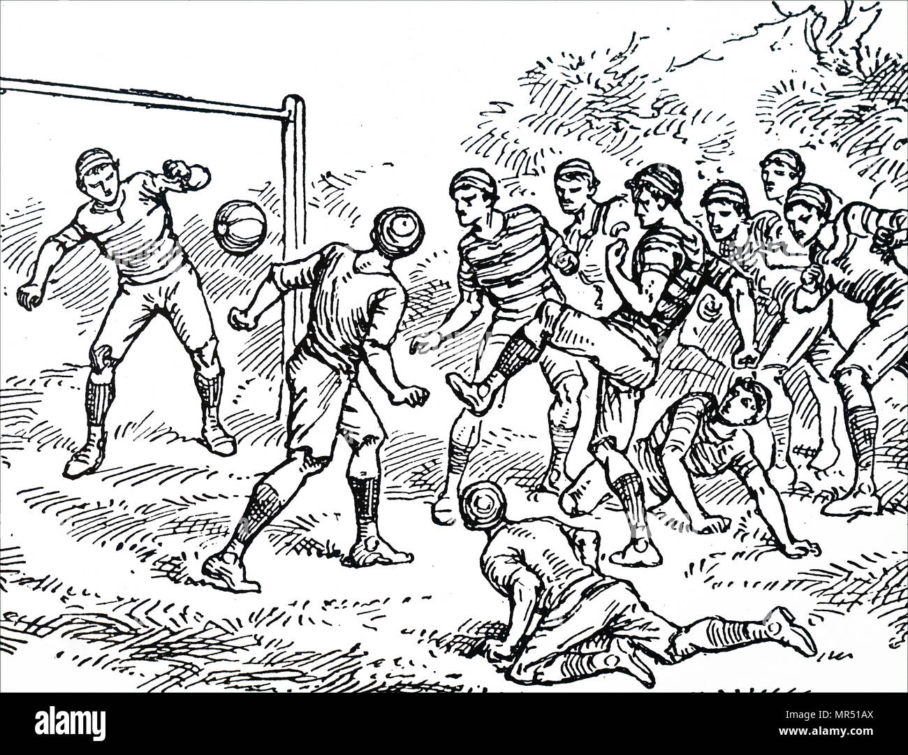 Caricature montrant de jeunes hommes jouent au football. En date du 19e siècle Banque D'Images