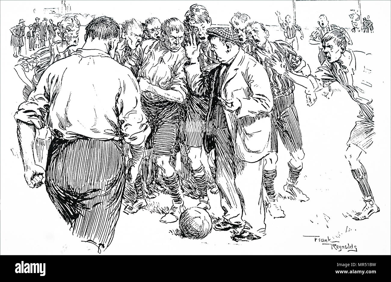 Caricature montrant de jeunes hommes jouent au football. En date du 20e siècle Banque D'Images