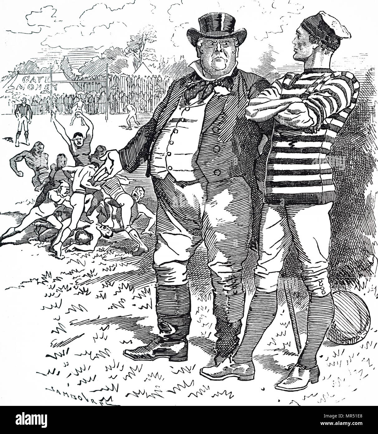 Caricature montrant John Bull exhortant le Rugby Football Association pour la rudesse de leur jeu. John Bull est une personnification de la France en général et en particulier l'Angleterre, en particulier dans les caricatures politiques et autres œuvres graphiques. En date du 19e siècle Banque D'Images