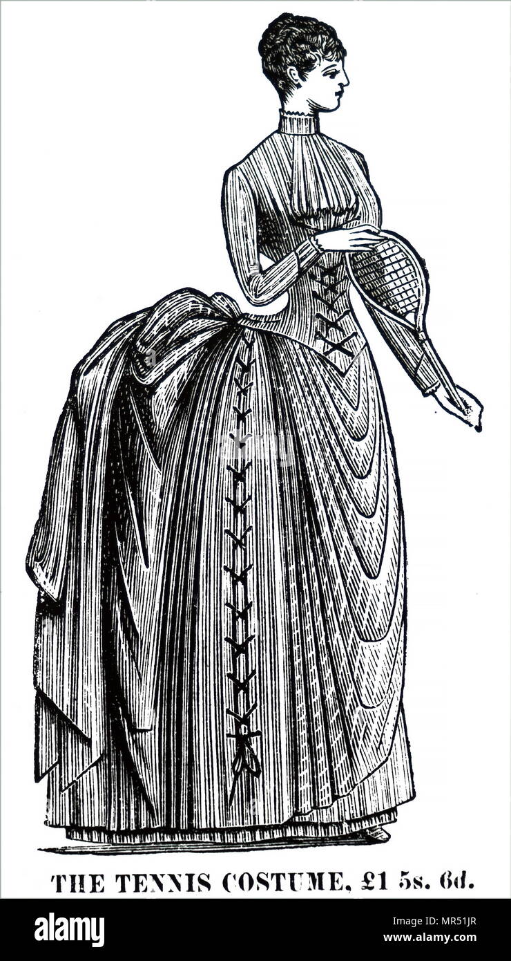 Publicité pour un costume du tennis féminin. Fanon se raidit le corset qui délimitaient la garniture figure. Il est également souvent utilisé pour la chaîne de raquette de tennis. En date du 19e siècle Banque D'Images