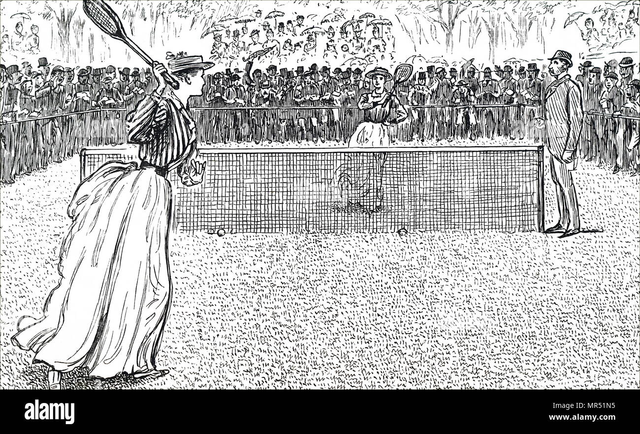 Illustration figurant des femmes jouant un jeu de tennis sur gazon. Illustré par George du Maurier (1834-1896), un caricaturiste franco-britannique et l'auteur. En date du 19e siècle Banque D'Images