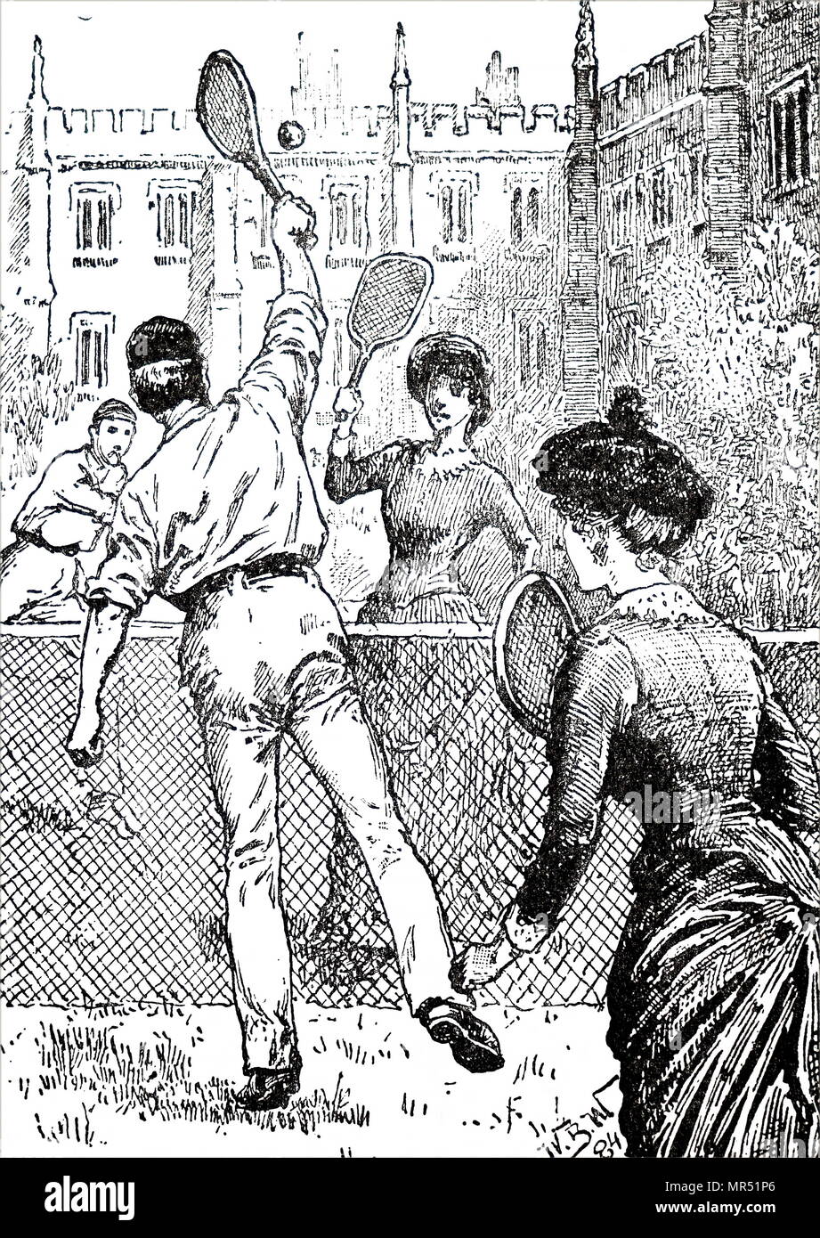 Illustration d'un jeu de double mixte tennis sur gazon. En date du 19e siècle Banque D'Images