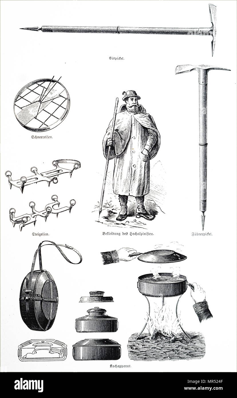 Collecte de l'équipement de l'alpiniste y compris picks, cantine, raquettes et crampons pour chaussures. En date du 19e siècle Banque D'Images