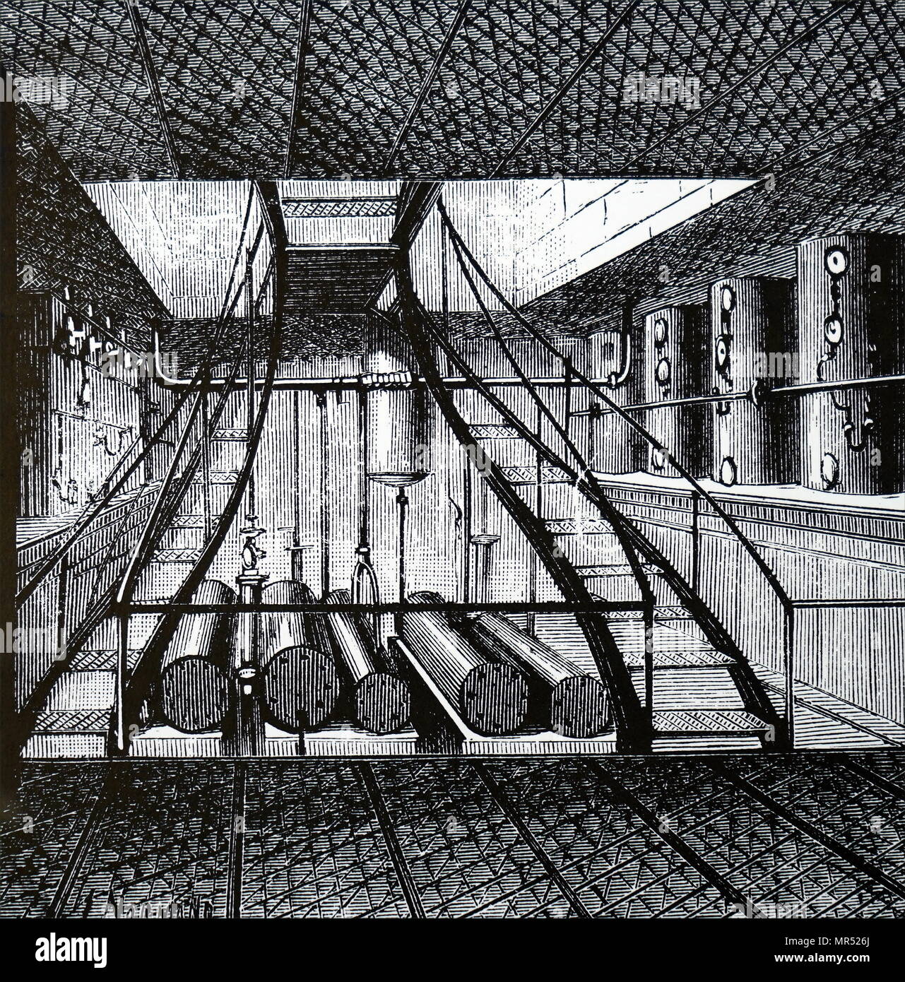 Gravure représentant une chambre froide sur un navire frigorifique, montrant la manipulation des hommes et d'autre de la viande. En date du 19e siècle Banque D'Images
