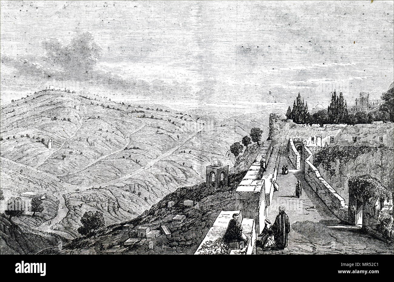 Illustration représentant une vue du Mont des Oliviers (ou Mont Olivet) chaînes de montagnes à l'est de et à côté de la vieille ville de Jérusalem. Il est nommé pour les oliveraies qui couvrait jadis c'est des pentes. En date du 19e siècle Banque D'Images