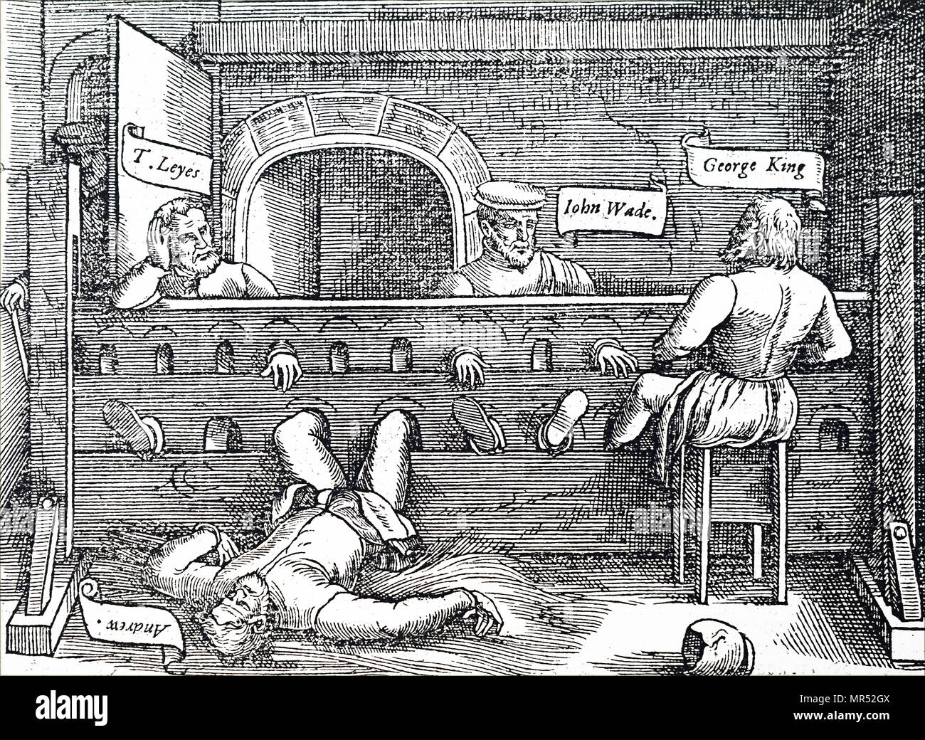 Gravure représentant les détenus confinés dans des stocks dans les Lollards Tower, Lambeth. En date du 14e siècle Banque D'Images