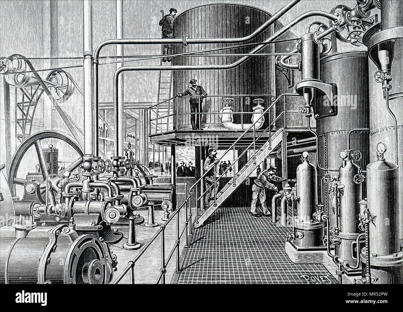 Illustration montrant les machines de réfrigération de la patinoire Pôle Nord dans la Plaza de Toros, rue Pergolèse, Paris. La patinoire mesuré 40 X 18 mètres, et avait 5 000 mètres de tuyauterie reliée à l'appareil de réfrigération. En date du 19e siècle Banque D'Images