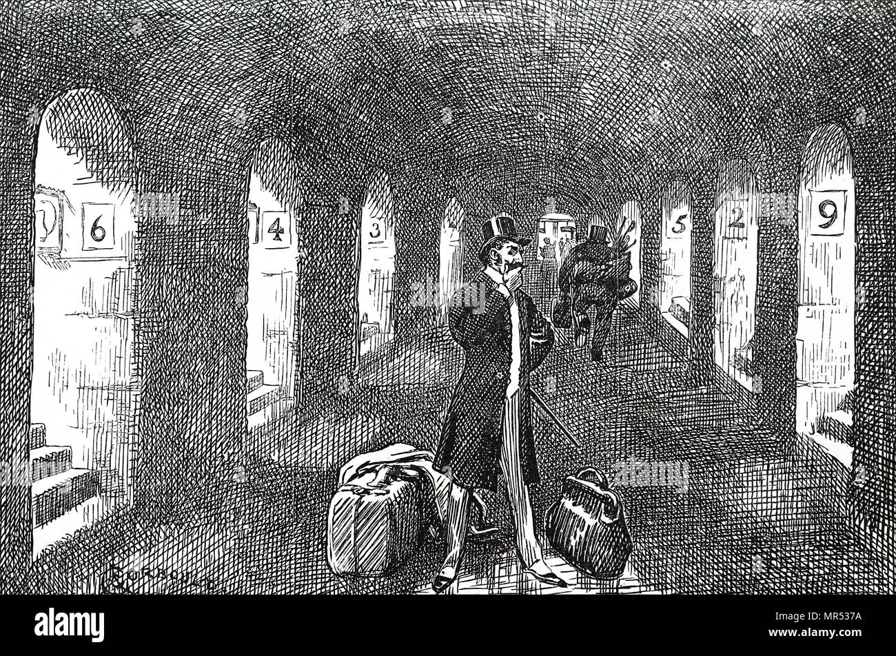 Illustration représentant un homme confus à la plate-forme correcte pour son métro de Londres en train. En date du 19e siècle Banque D'Images