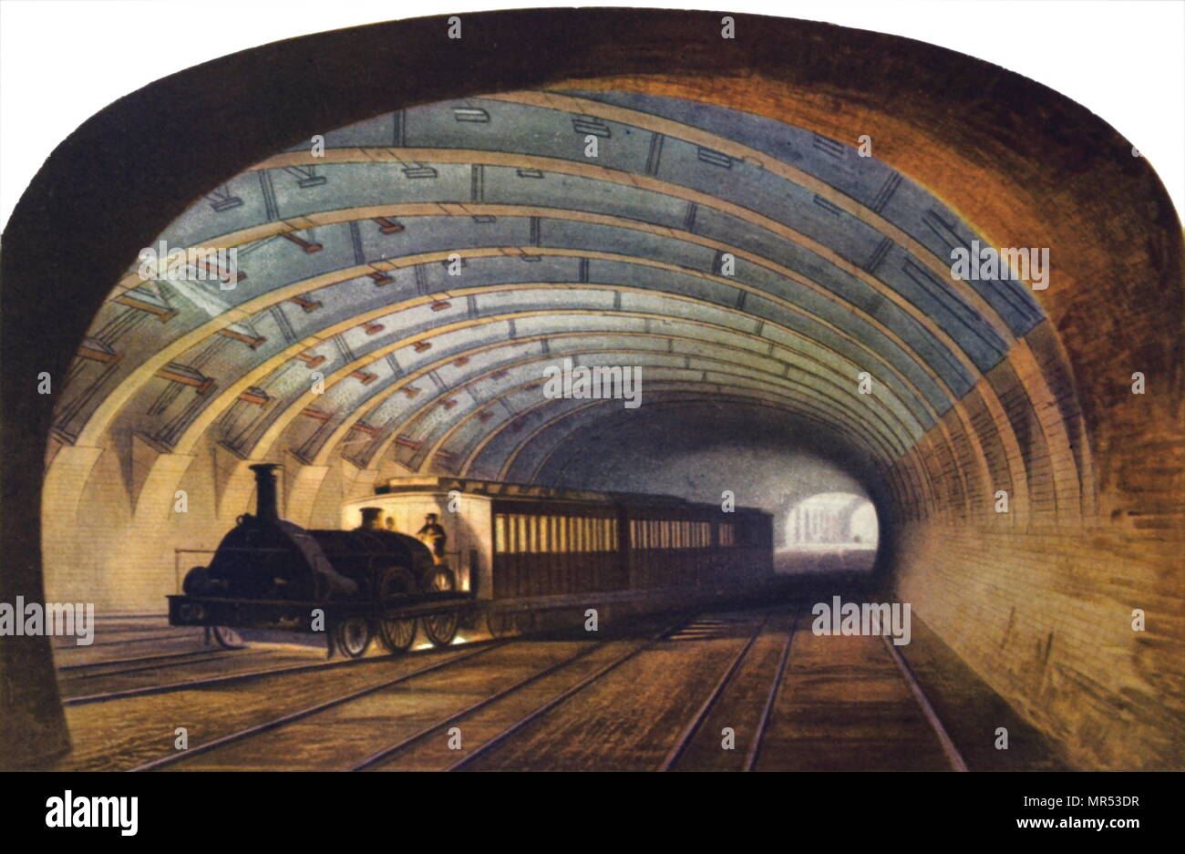 Impression couleur représentant un train à vapeur dans le tunnel du chemin de fer métropolitain (métro) près de Paddington, Londres. En date du 19e siècle Banque D'Images