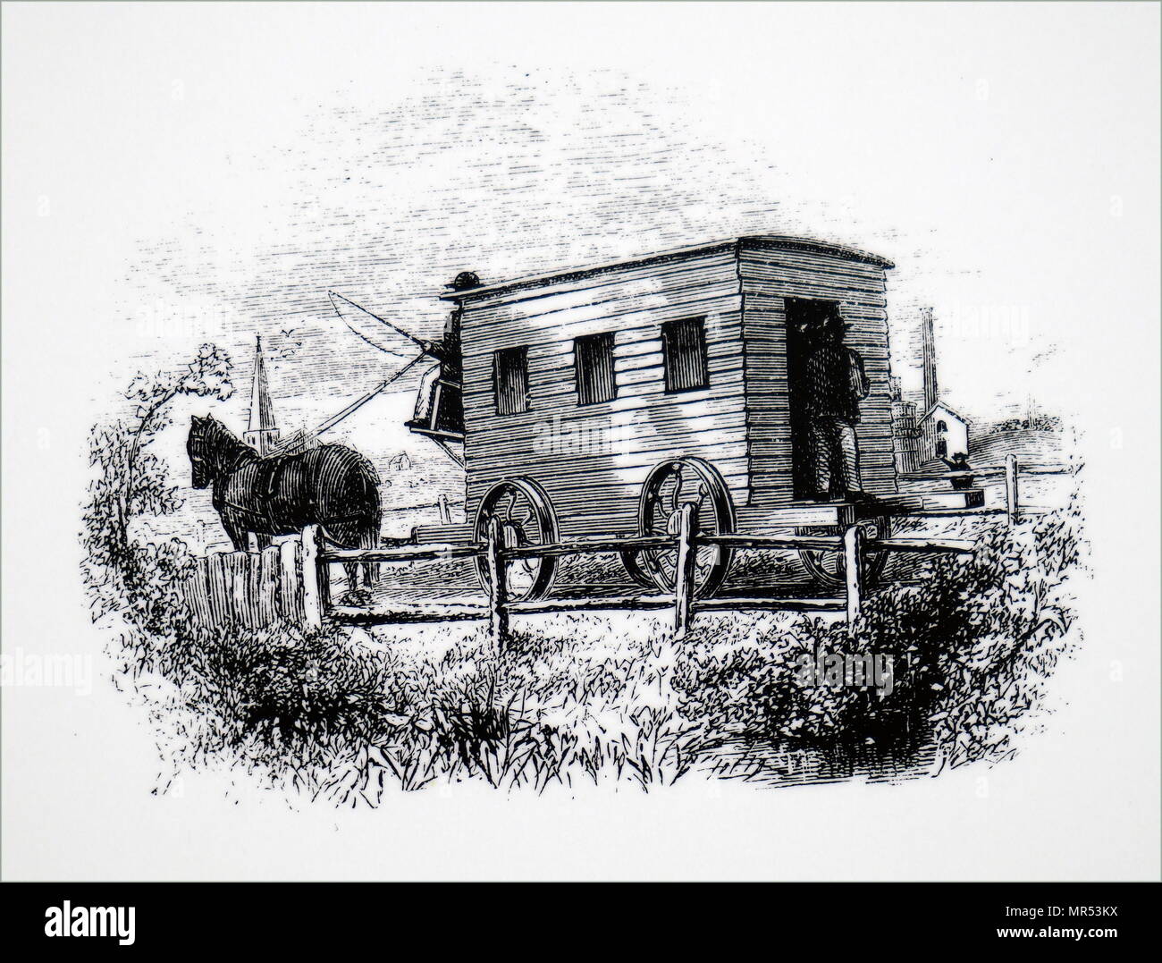 Gravure illustrant la première voiture construite par George Stephenson (1781-1848) un ingénieur civil et ingénieur en mécanique. En date du 19e siècle Banque D'Images