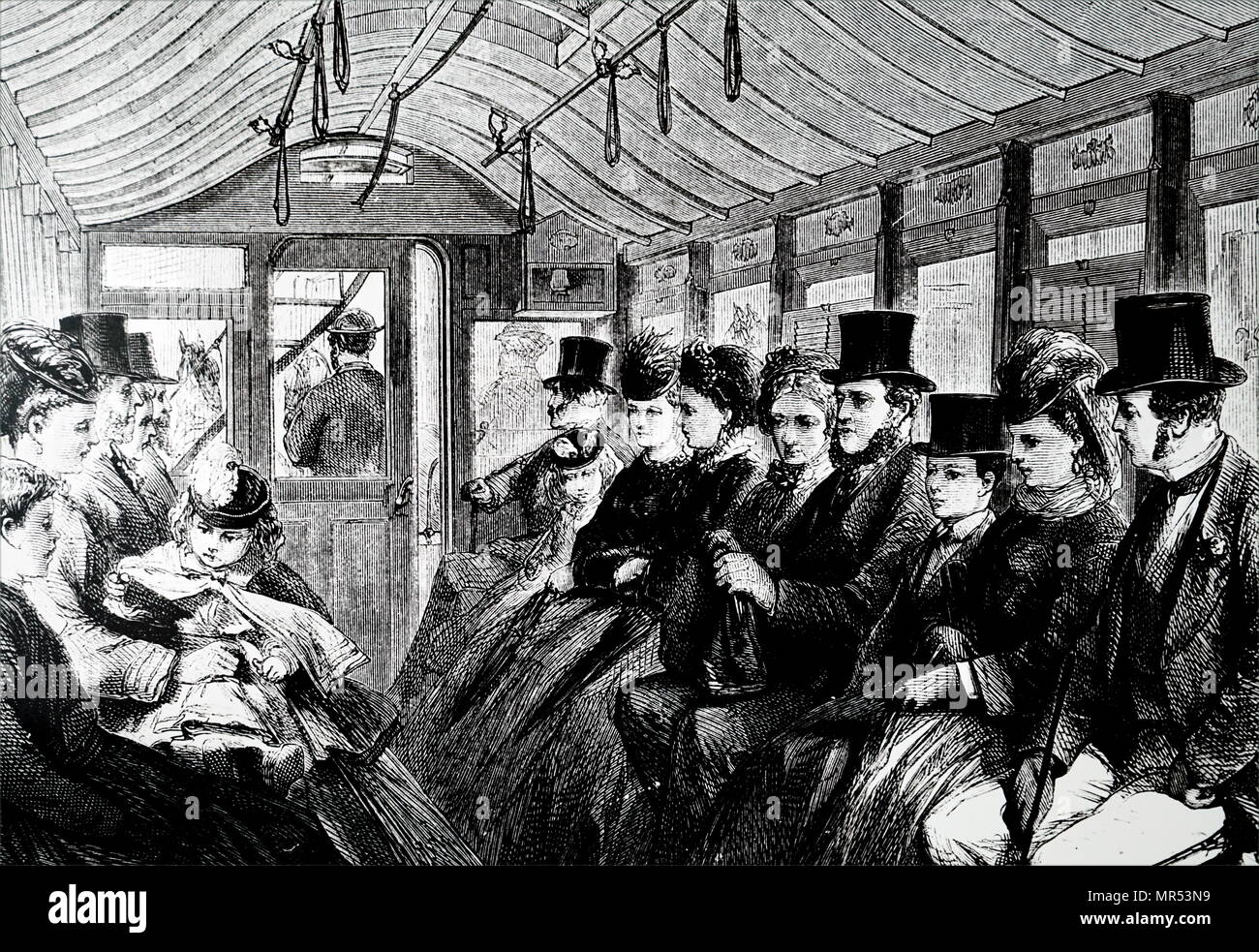 Illustration montrant l'intérieur d'un chariot sur le Brixton et Kennington tramway tiré par des chevaux. En date du 19e siècle Banque D'Images