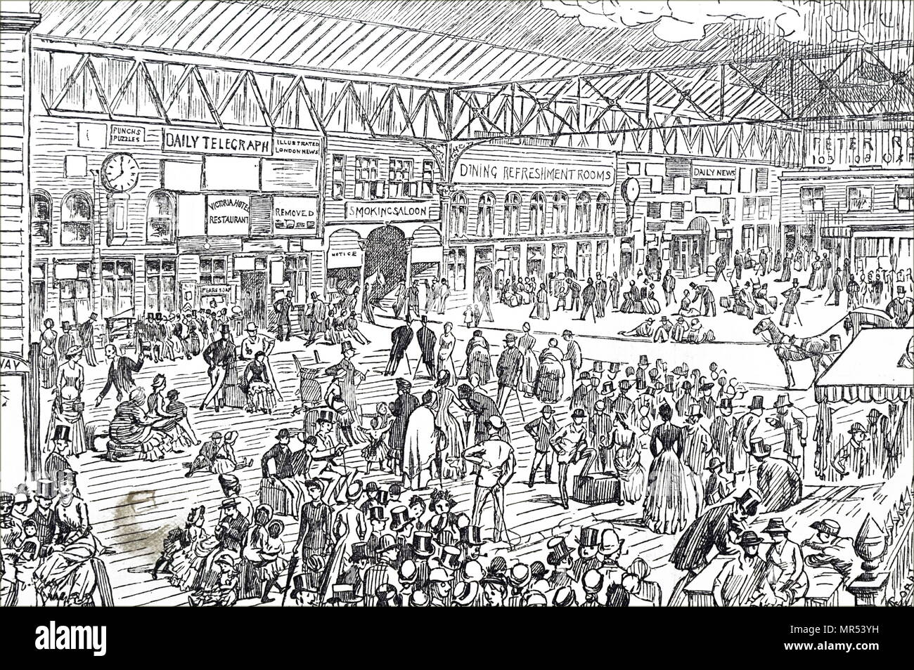Illustration représentant une vue de l'intérieur de la gare de Waterloo. En date du 19e siècle Banque D'Images
