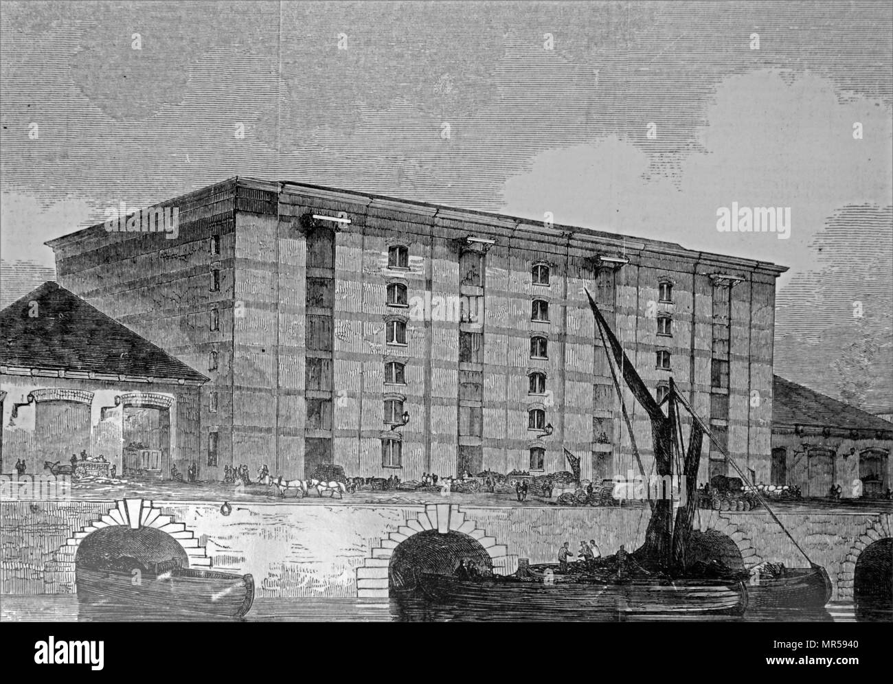 Gravure illustrant le Great Northern Railway marchandises shed at the London terminus, conçu par Lewis Cubitt. Il reliait la gare de marchandises à la Tamise à Limehouse, par le chemin de la Regent's Canal. Lewis Cubitt (1799-1883) un ingénieur civil anglais. En date du 19e siècle Banque D'Images