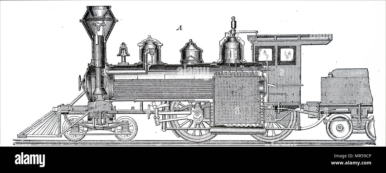 Gravure représentant une section longitudinale centrale d'une locomotive par Baldwin Locomotive Works, à Philadelphie. En date du 19e siècle Banque D'Images