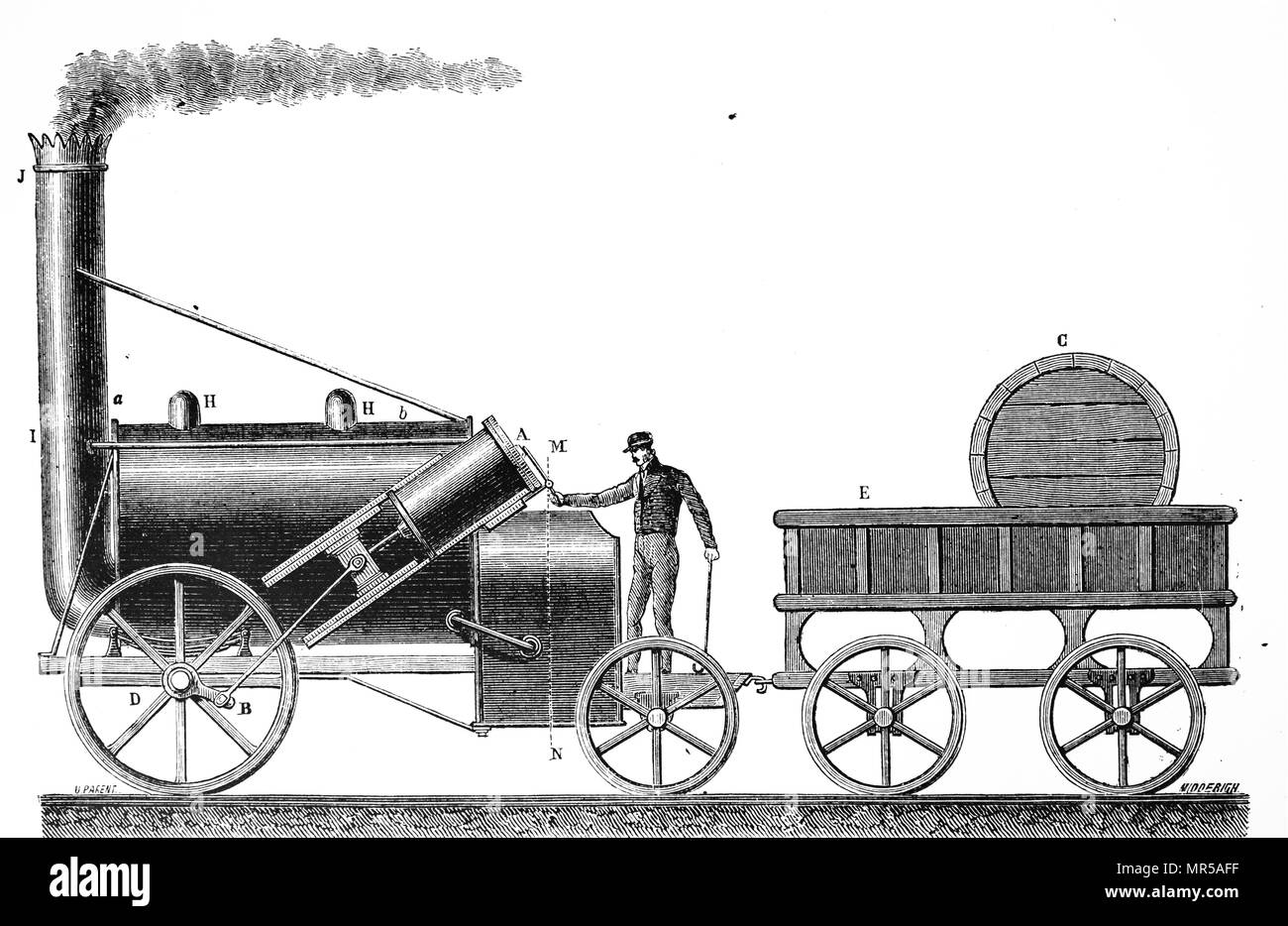 Gravure représentant Robert Stephenson locomotive du 'Rocket'. Robert Stephenson (1803-1859) un chemin de fer tôt et ingénieur civil. En date du 19e siècle Banque D'Images