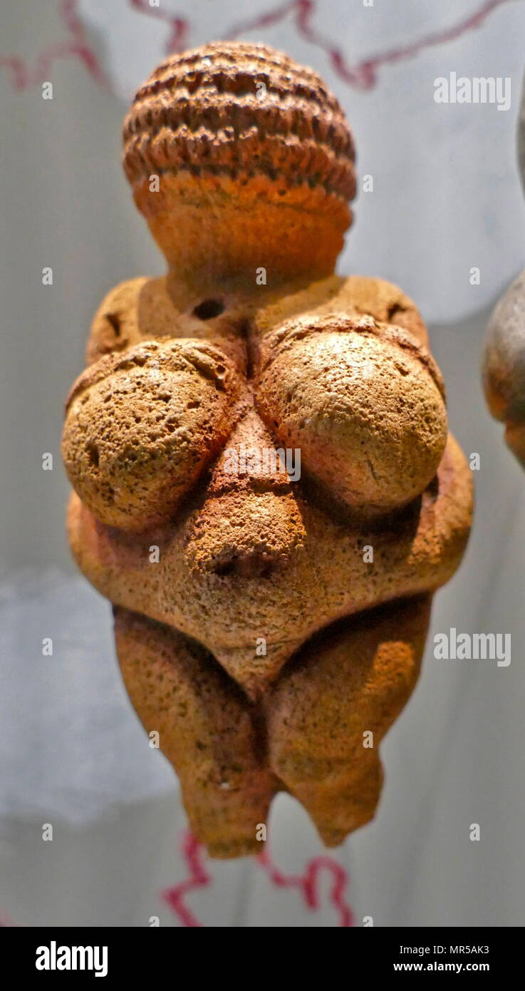 Photo de la Vénus de Willendorf, un 11,1 centimètres de hauteur (4.4 in) venus du prince ; entre 28 000 et 25 000 avant notre ère. Il a été trouvé en 1908 par un ouvrier nommé Johann Veran lors des fouilles menées par les archéologues Josef Szombathy, Hugo Obermaier et Josef Bayer à un site paléolithique près de Willendorf, un village de la Basse Autriche, près de la ville de Krems. sculpté dans un calcaire oolithique qui n'est pas de la région, et teinté d'ocre rouge. Banque D'Images
