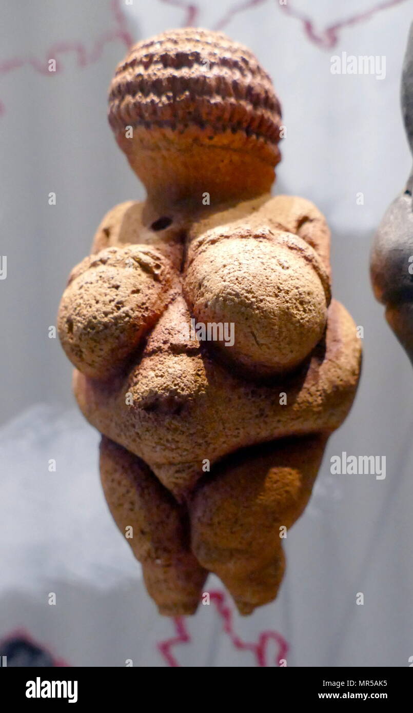 Photo de la Vénus de Willendorf, un 11,1 centimètres de hauteur (4.4 in) venus du prince ; entre 28 000 et 25 000 avant notre ère. Il a été trouvé en 1908 par un ouvrier nommé Johann Veran lors des fouilles menées par les archéologues Josef Szombathy, Hugo Obermaier et Josef Bayer à un site paléolithique près de Willendorf, un village de la Basse Autriche, près de la ville de Krems. sculpté dans un calcaire oolithique qui n'est pas de la région, et teinté d'ocre rouge. Banque D'Images