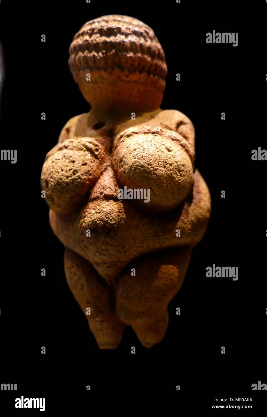 Photo de la Vénus de Willendorf, un 11,1 centimètres de hauteur (4.4 in) venus du prince ; entre 28 000 et 25 000 avant notre ère. Il a été trouvé en 1908 par un ouvrier nommé Johann Veran lors des fouilles menées par les archéologues Josef Szombathy, Hugo Obermaier et Josef Bayer à un site paléolithique près de Willendorf, un village de la Basse Autriche, près de la ville de Krems. sculpté dans un calcaire oolithique qui n'est pas de la région, et teinté d'ocre rouge. Banque D'Images