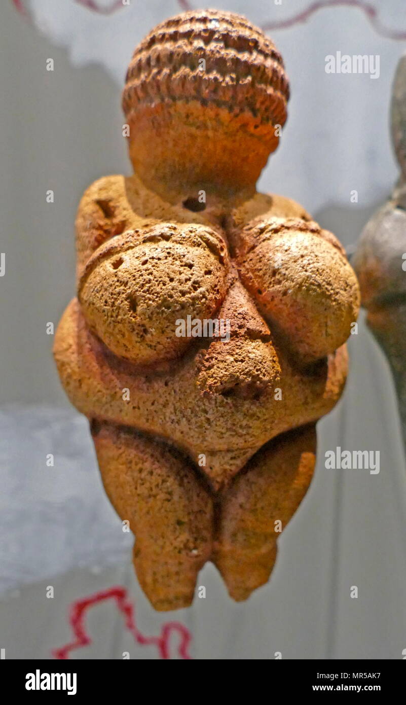 Photo de la Vénus de Willendorf, un 11,1 centimètres de hauteur (4.4 in) venus du prince ; entre 28 000 et 25 000 avant notre ère. Il a été trouvé en 1908 par un ouvrier nommé Johann Veran lors des fouilles menées par les archéologues Josef Szombathy, Hugo Obermaier et Josef Bayer à un site paléolithique près de Willendorf, un village de la Basse Autriche, près de la ville de Krems. sculpté dans un calcaire oolithique qui n'est pas de la région, et teinté d'ocre rouge. Banque D'Images