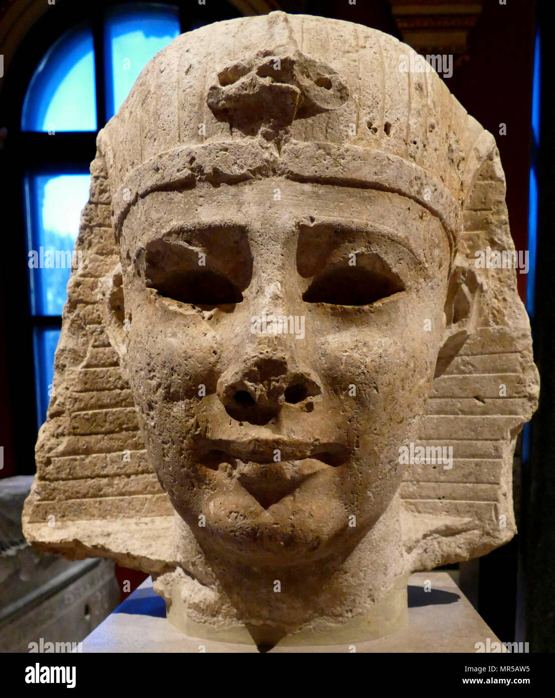 Tête colossale d'une statue royale de l'ancienne Egypte. Construit à partir de pierre Numulitic d'Alexandrie. En date du 300 AV. Banque D'Images