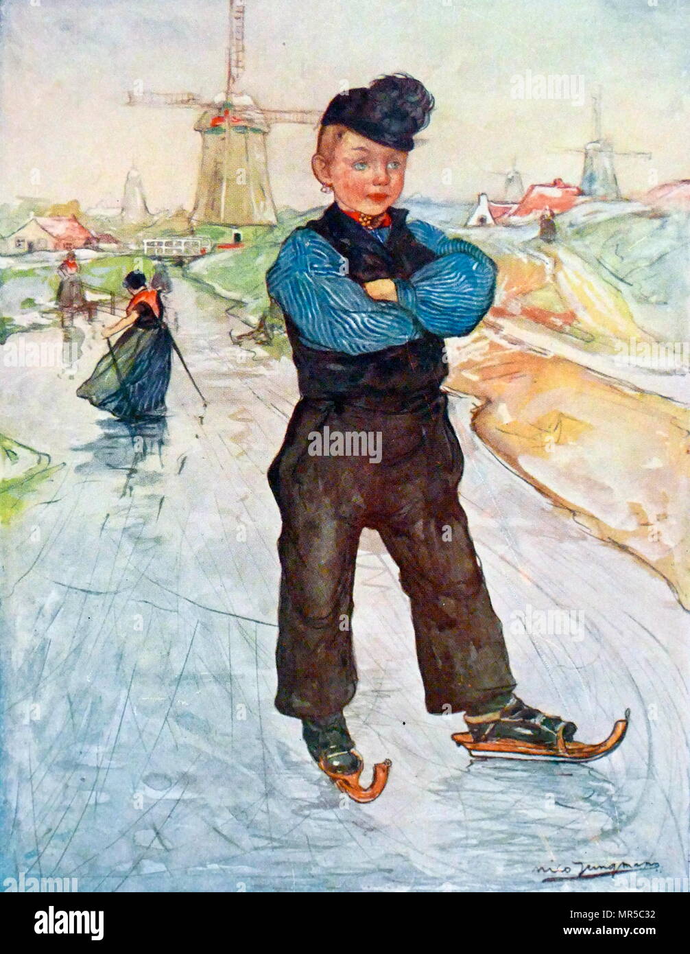 La peinture intitulée 'garçon paysan de Veere sur patins à glace' par Nico Jungmann. Nico Jungmann (1872-1935) un peintre anglo-néerlandaise de paysages et de sujets de dessins. En date du 20e siècle Banque D'Images