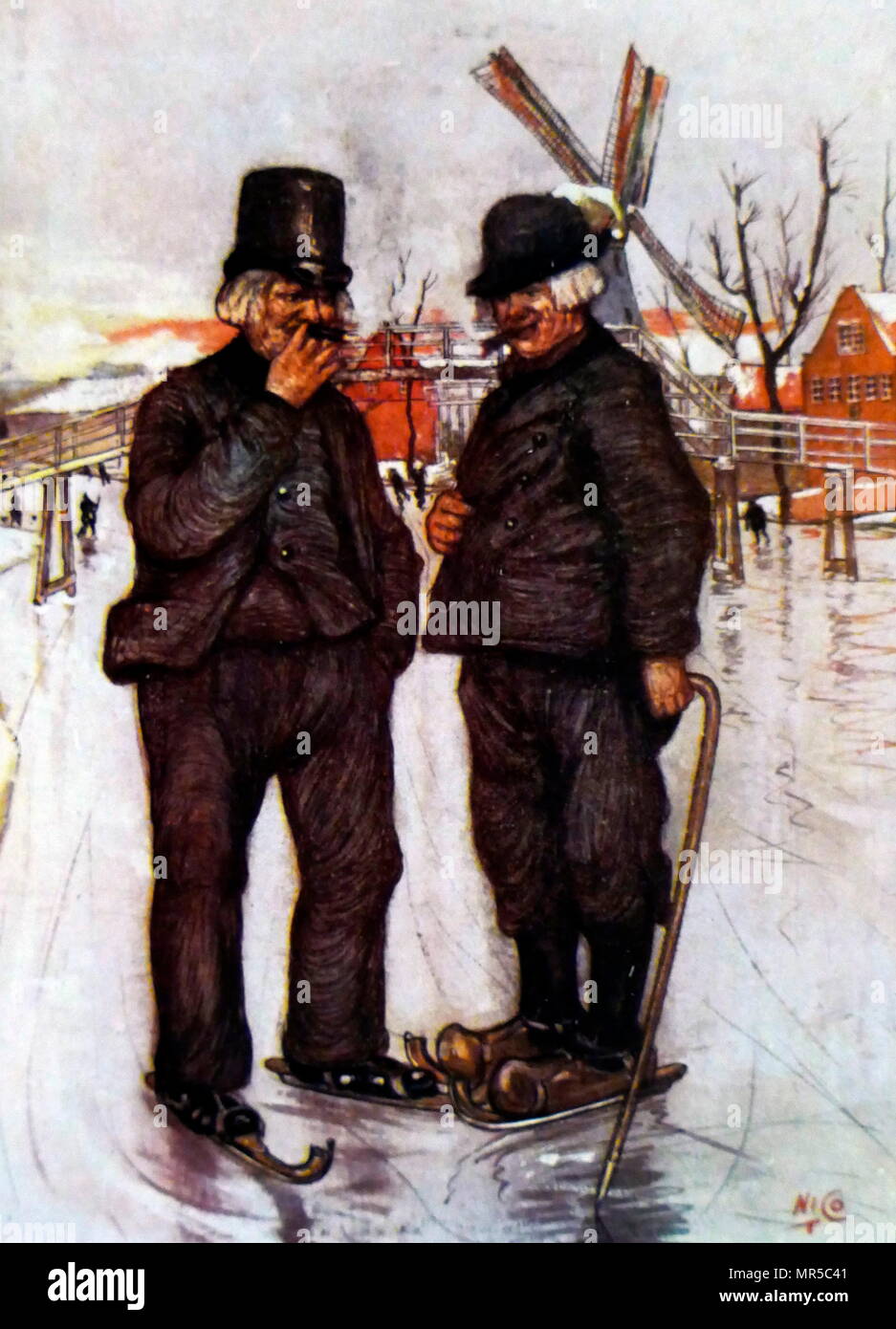La peinture intitulée 'Old Dutch Men sur patins à glace' par Nico Jungmann. Nico Jungmann (1872-1935) un peintre anglo-néerlandaise de paysages et de sujets de dessins. En date du 20e siècle Banque D'Images