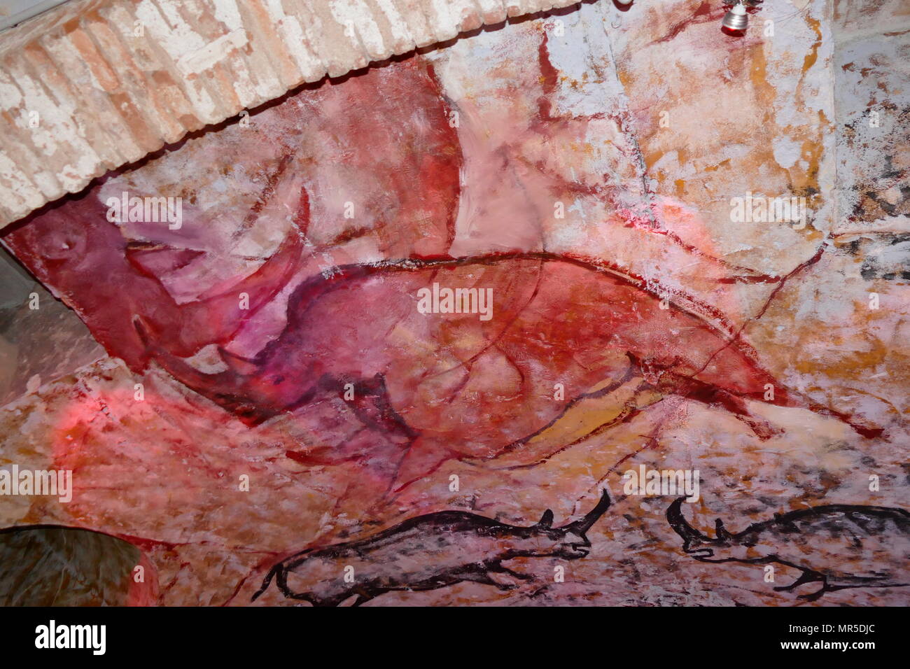Peinture de réplique de la grotte d'Altamira (Cueva de Altamir) situé près de la ville historique de Santillana del Mar en Cantabrie, Espagne, est réputé pour ses nombreuses peintures pariétales avec des dessins au fusain et peintures polychromes de la faune locale et la main de l'homme, créé entre 18 500 et 14 000 ans pendant le paléolithique supérieur par Paleo colons humains. Les premières peintures rupestres de la grotte ont été exécutés autour de 35 600 ans. Banque D'Images