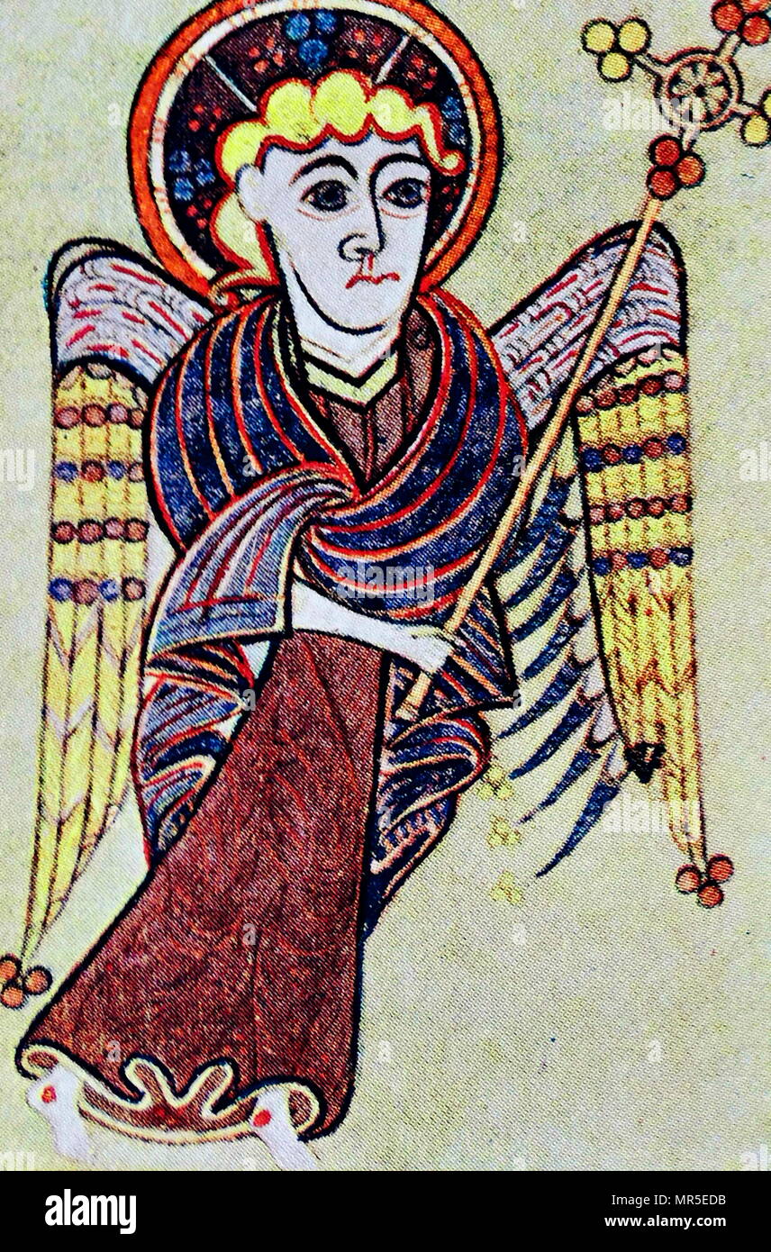Symbole évangélique du Livre de Kells. Fol. 27 C. Le Livre de Kells est un manuscrit enluminé livre des évangiles en latin, contenant les quatre Évangiles du Nouveau Testament ainsi que divers textes préliminaires et des tableaux. Il a été créé dans un monastère Colomban en Irlande, c. L'an 800. Banque D'Images