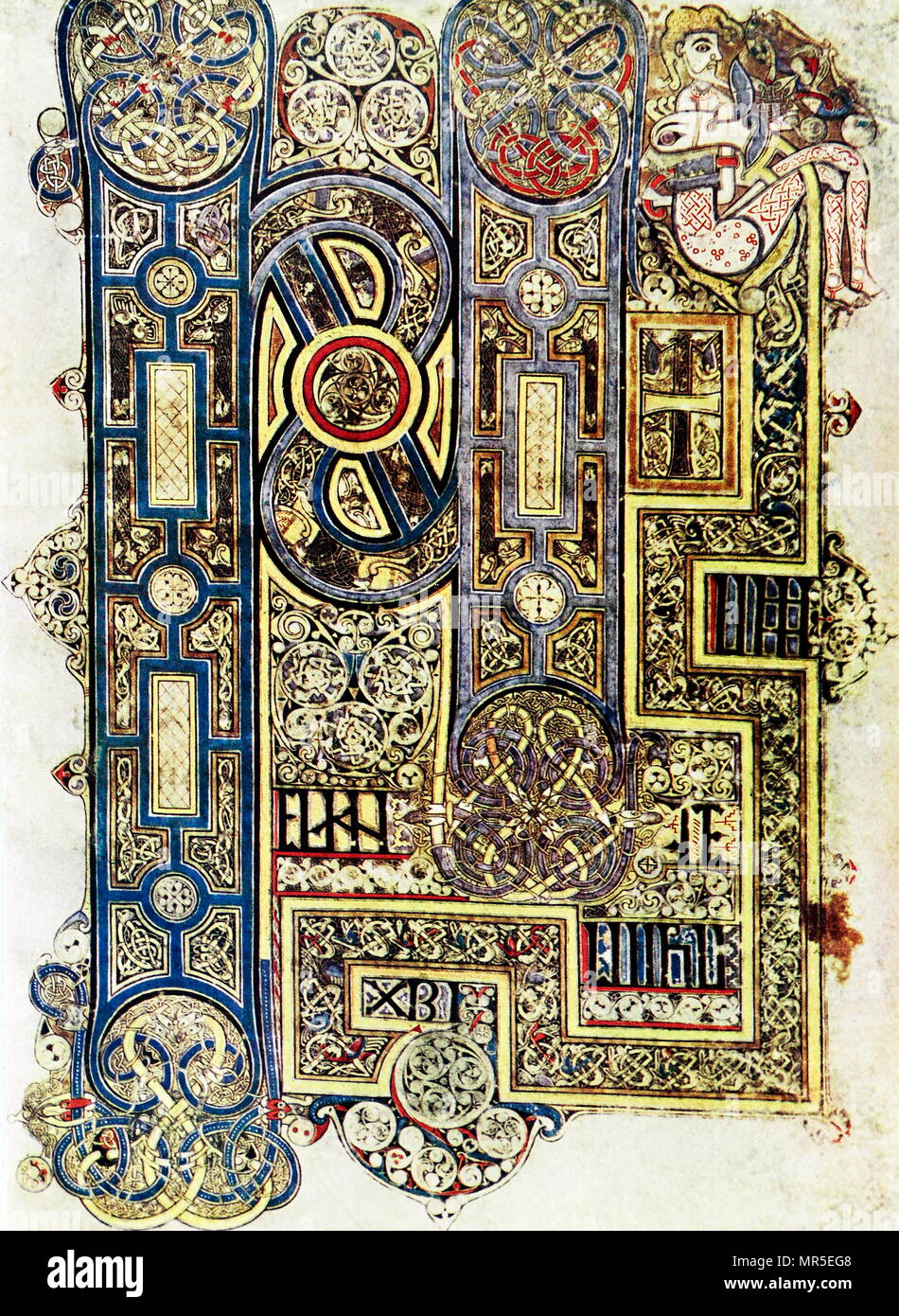Premiers mots de l'Évangile de saint Marc, Fol. 130 R du Livre de Kells. Le Livre de Kells est un manuscrit enluminé livre des évangiles en latin, contenant les quatre Évangiles du Nouveau Testament ainsi que divers textes préliminaires et des tableaux. Il a été créé dans un monastère Colomban en Irlande, c. L'an 800. La généalogie ; FOL. 201 R. Planche XVII Banque D'Images