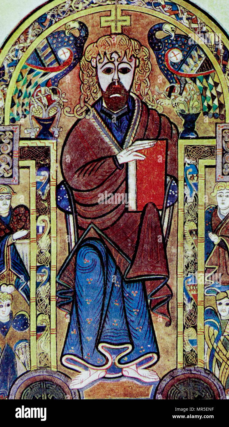 Portrait de Saint Marc ou Saint Luc, dans le Livre de Kells. Le Livre de Kells est un manuscrit enluminé livre des évangiles en latin, contenant les quatre Évangiles du Nouveau Testament ainsi que divers textes préliminaires et des tableaux. Il a été créé dans un monastère Colomban en Irlande, c. L'an 800. Banque D'Images