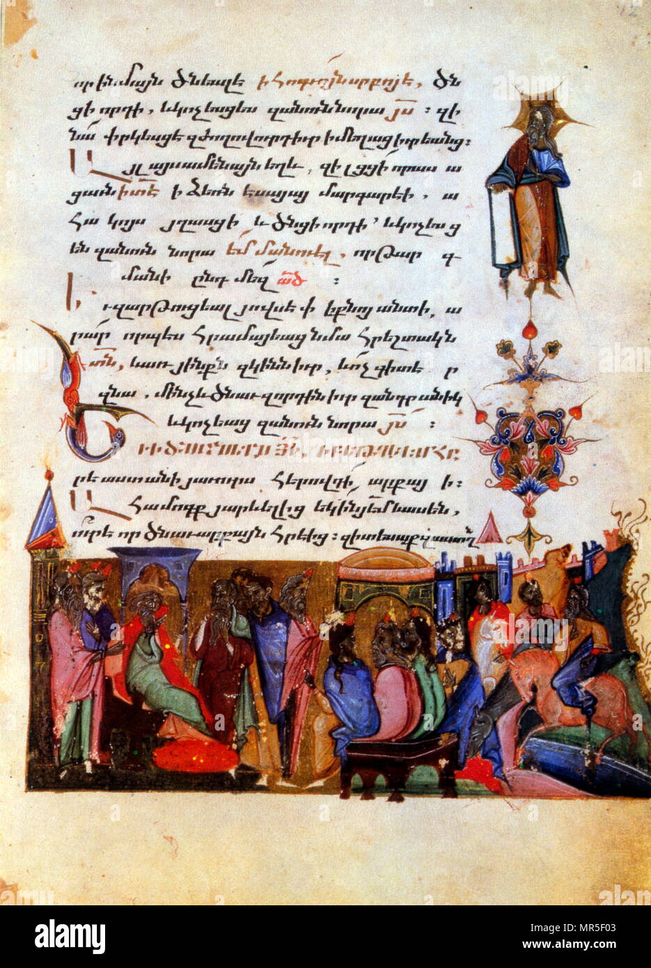 Manuscrit illustré chrétienne arménienne montrant la cour du roi Hérode, 14e siècle Banque D'Images