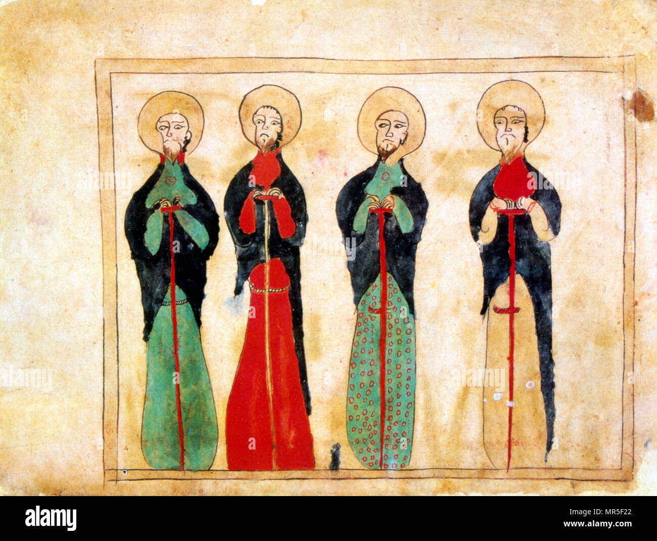 Manuscrit illustré chrétienne arménienne montrant les quatre évangélistes, le Christ ; 14e siècle. Dans la tradition chrétienne, les quatre évangélistes sont Matthieu, Marc, Luc et Jean, les auteurs ont attribué à la création des quatre Évangiles du Nouveau Testament Banque D'Images