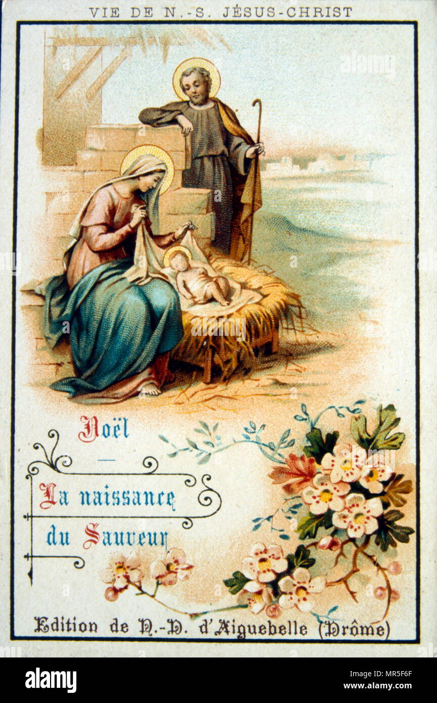 Carte de Noël français montrant la naissance de Jésus, 1900 Banque D'Images
