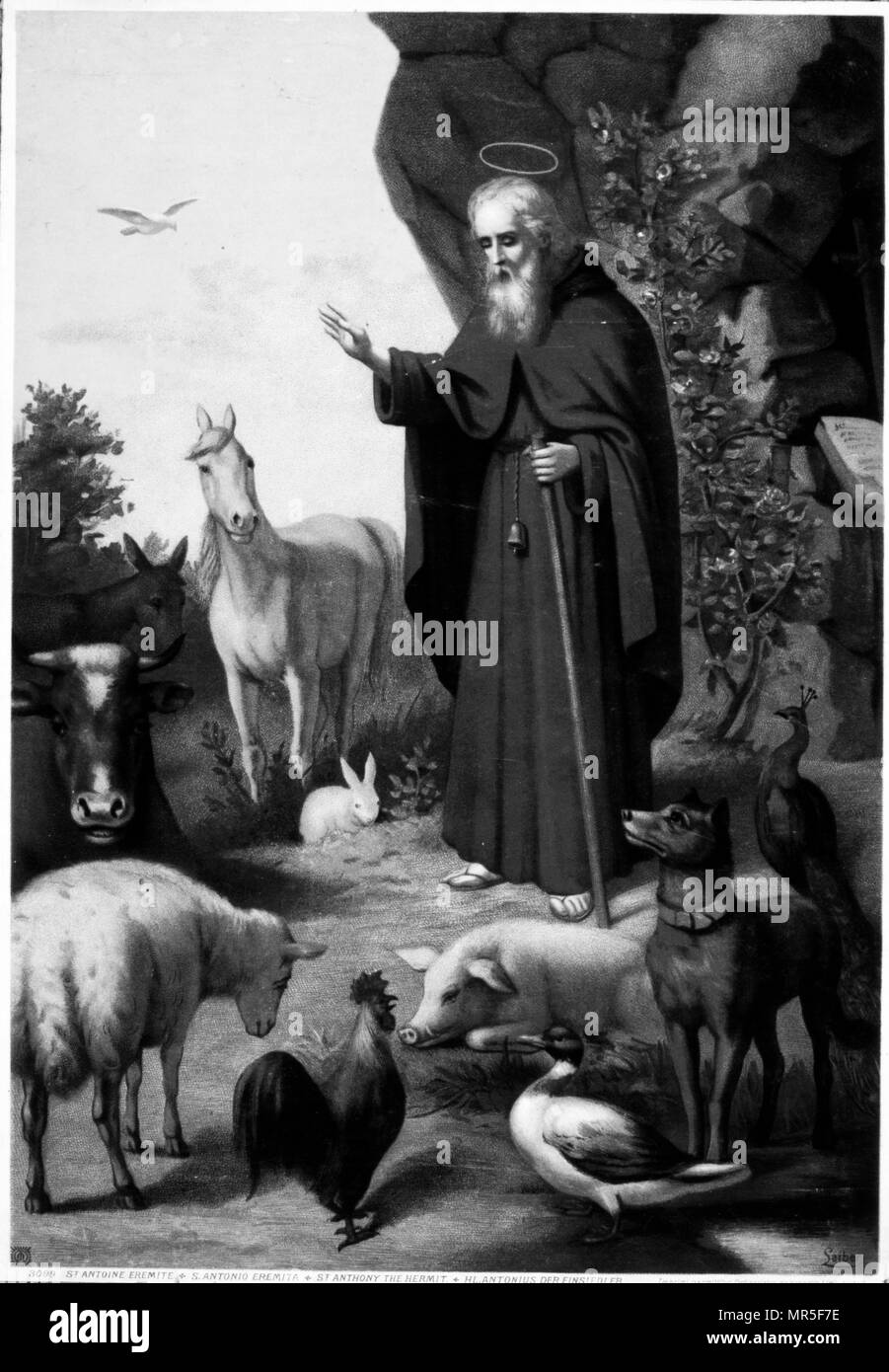 Chromolithographie française montrant Saint Antoine l'Ermite (ca. 468 - ca. 520) ; également connu sous le nom de Antony de Lérins, est un saint chrétien. Anthony s'installe à l'Italie d'accéder à une vie érémitiques avec un petit groupe d'ermites vivant sur une île du lac de Côme. Il a finalement été rejoint par de nombreux disciples qui cherchent à imiter sa sainteté et il a choisi de chercher une plus grande solitude dans la Gaule. Banque D'Images