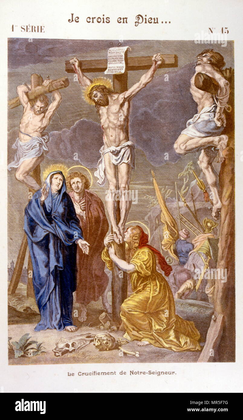 Illustration du "Grand Catéchisme pour les familles". 1907. représentant la crucifixion du Christ Banque D'Images