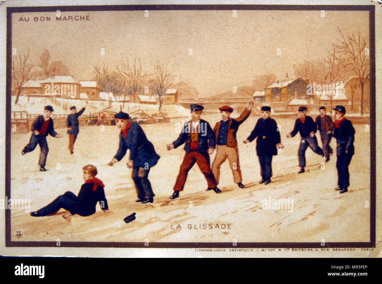 Carte postale montrant les garçons lançant des boules de neige pendant un festival de glace, France 1900 Banque D'Images