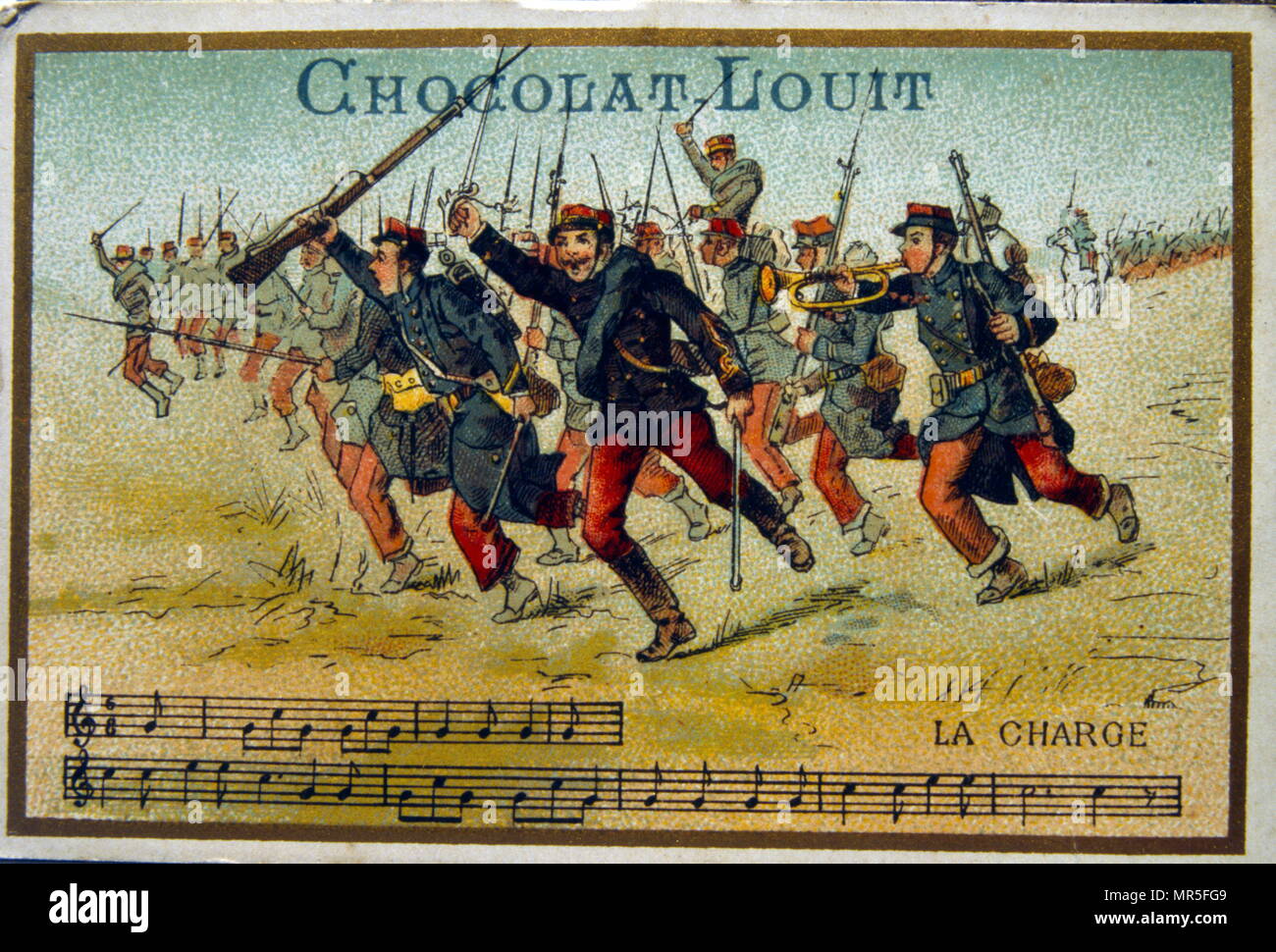 Chromolithographie à partir d'un emballage de chocolat, vers 1900, représentant des soldats français en action les fusils de tir Banque D'Images