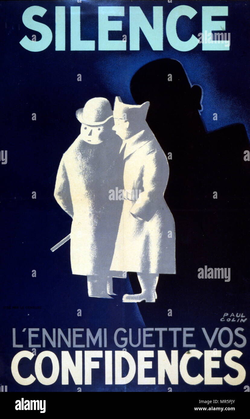 Le Français La Seconde Guerre mondiale affiche de propagande incitant les citoyens français de maintenir "silence", pour ne pas laisser l'ennemi surecoute secrets 1942 Banque D'Images