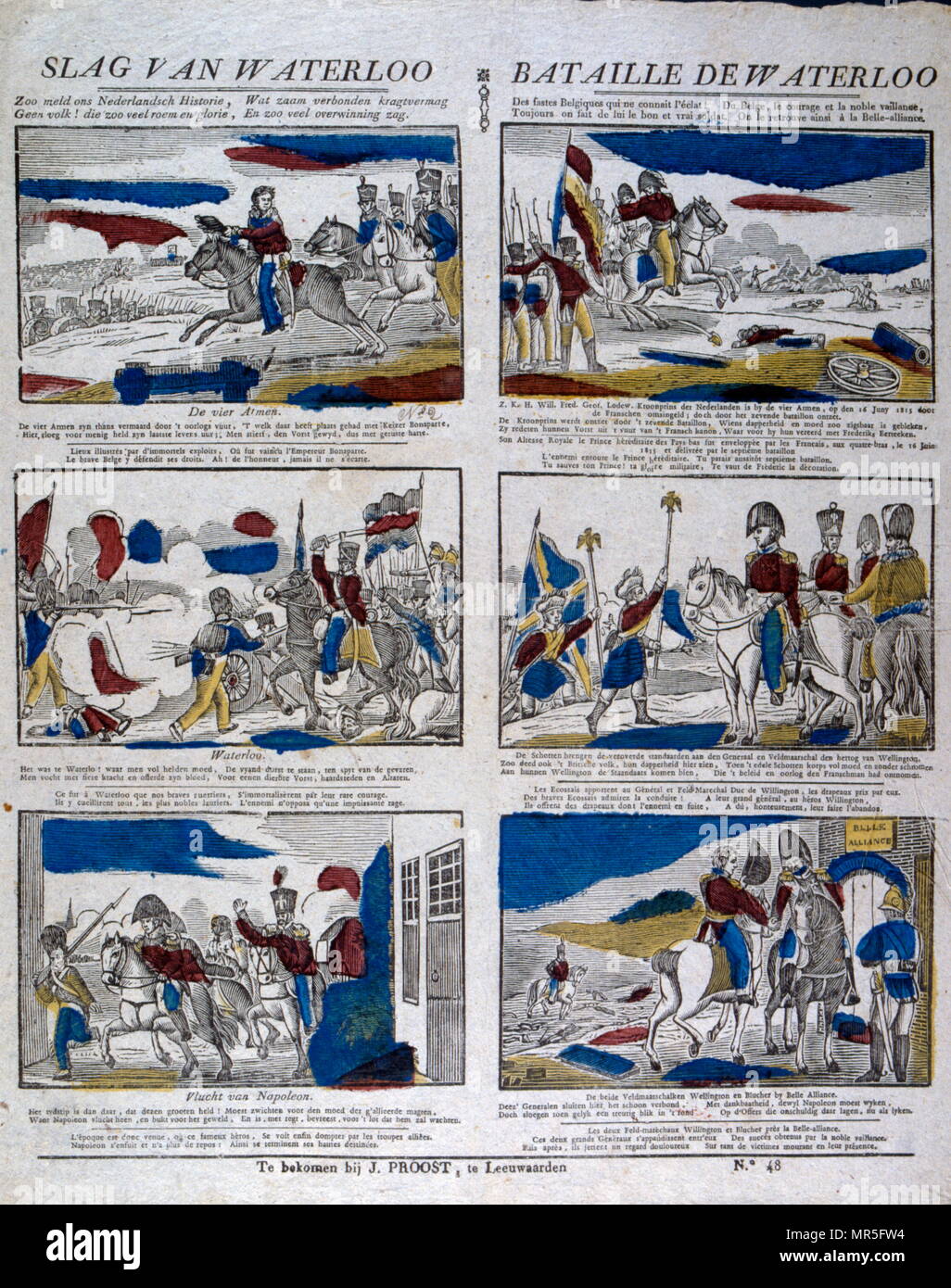 La bataille de Waterloo 1815. Langue française et flamande série d'illustrations. Banque D'Images