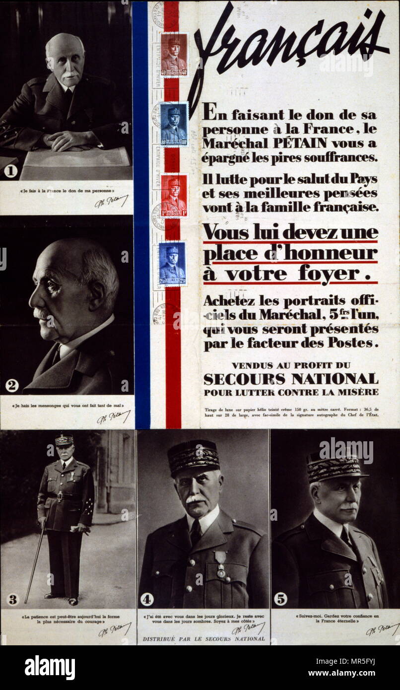 Le Français la seconde guerre mondiale appelle l'affiche pour les citoyens, afin de recueillir des fonds en achetant des portraits de Philippe Pétain le Marshall Leader français de Vichy. Banque D'Images