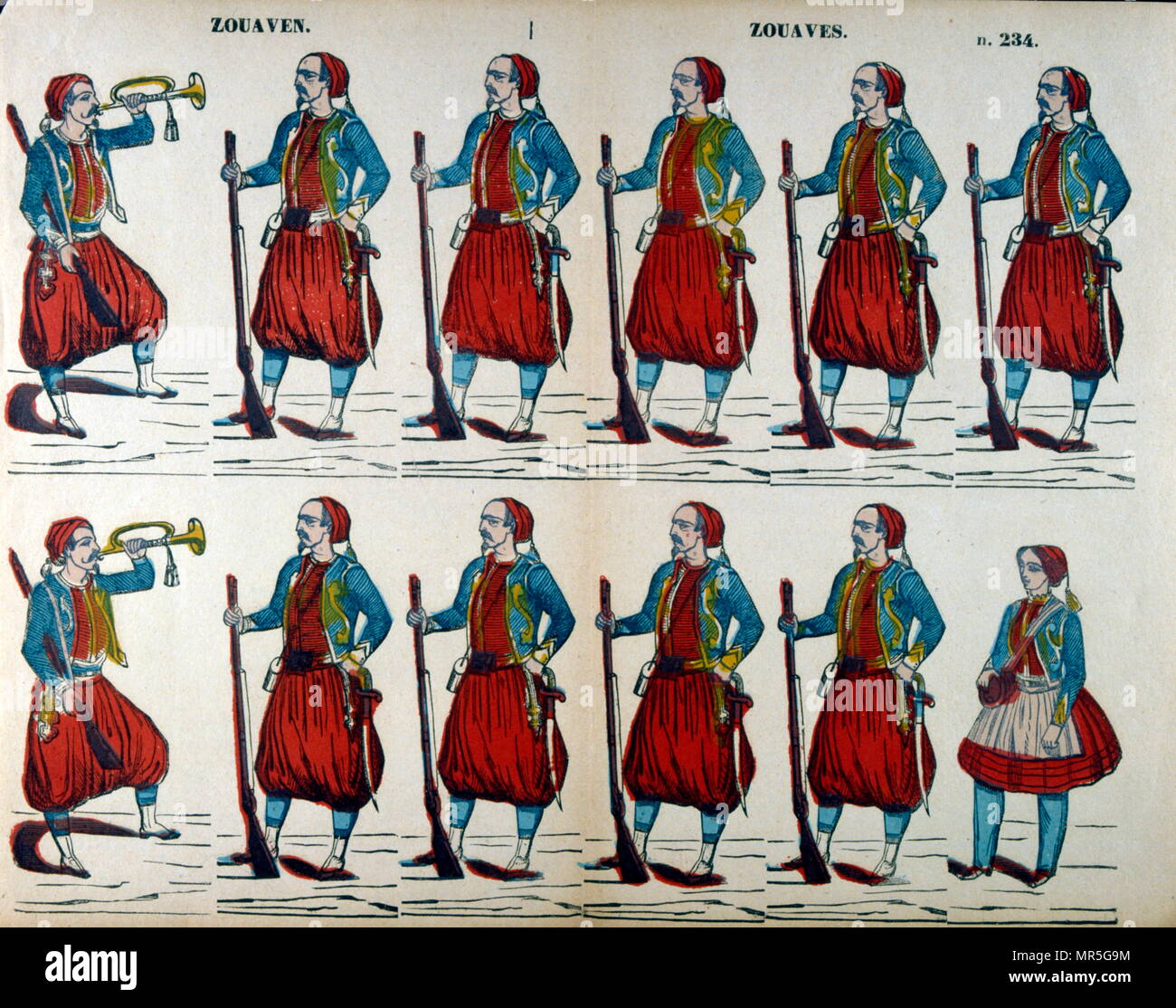 Illustration Française vers 1870 de l'infanterie légère, Zouaves régiments de l'armée française au service entre 1830 et 1962 et liés à l'Afrique du Nord française. Banque D'Images