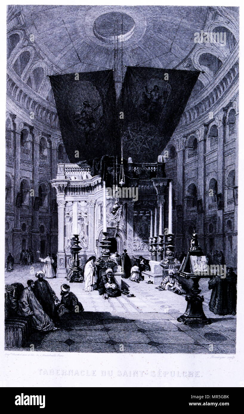 Dessin qui reproduit l'intérieur de l'église du Saint-Sépulcre à Jérusalem, en Palestine ; ca. 1835 par R L'Abbé Banque D'Images