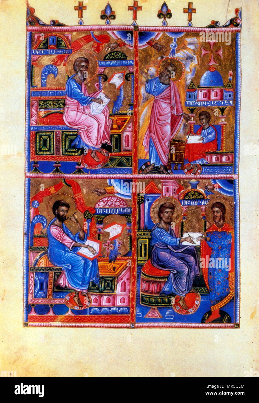 14e siècle, l'Eglise évangélique arménienne manuscrit, les quatre évangélistes. Matthieu, Marc, Luc et Jean. Banque D'Images