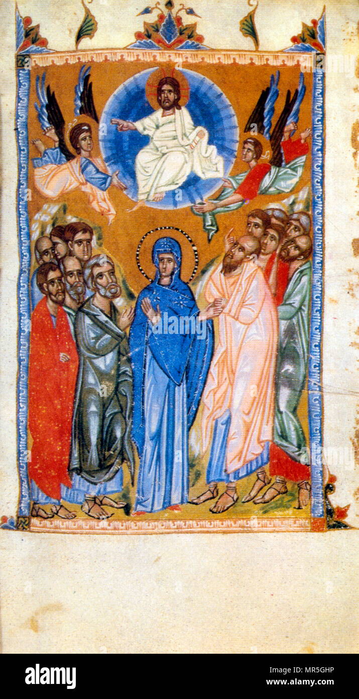 14e siècle, manuscrit arménien avec une illustration de l'Ascension du Christ. Banque D'Images
