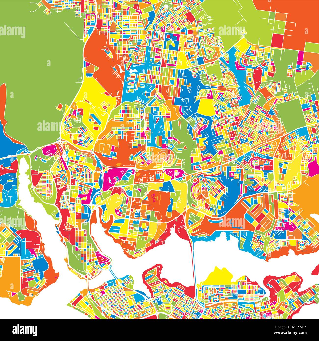 Abidjan, Côte d'Ivoire, coloré carte vectorielle. Rue Blanche, des chemins de fer et l'eau. Repère de couleur vive des formes. Art print pattern. Illustration de Vecteur