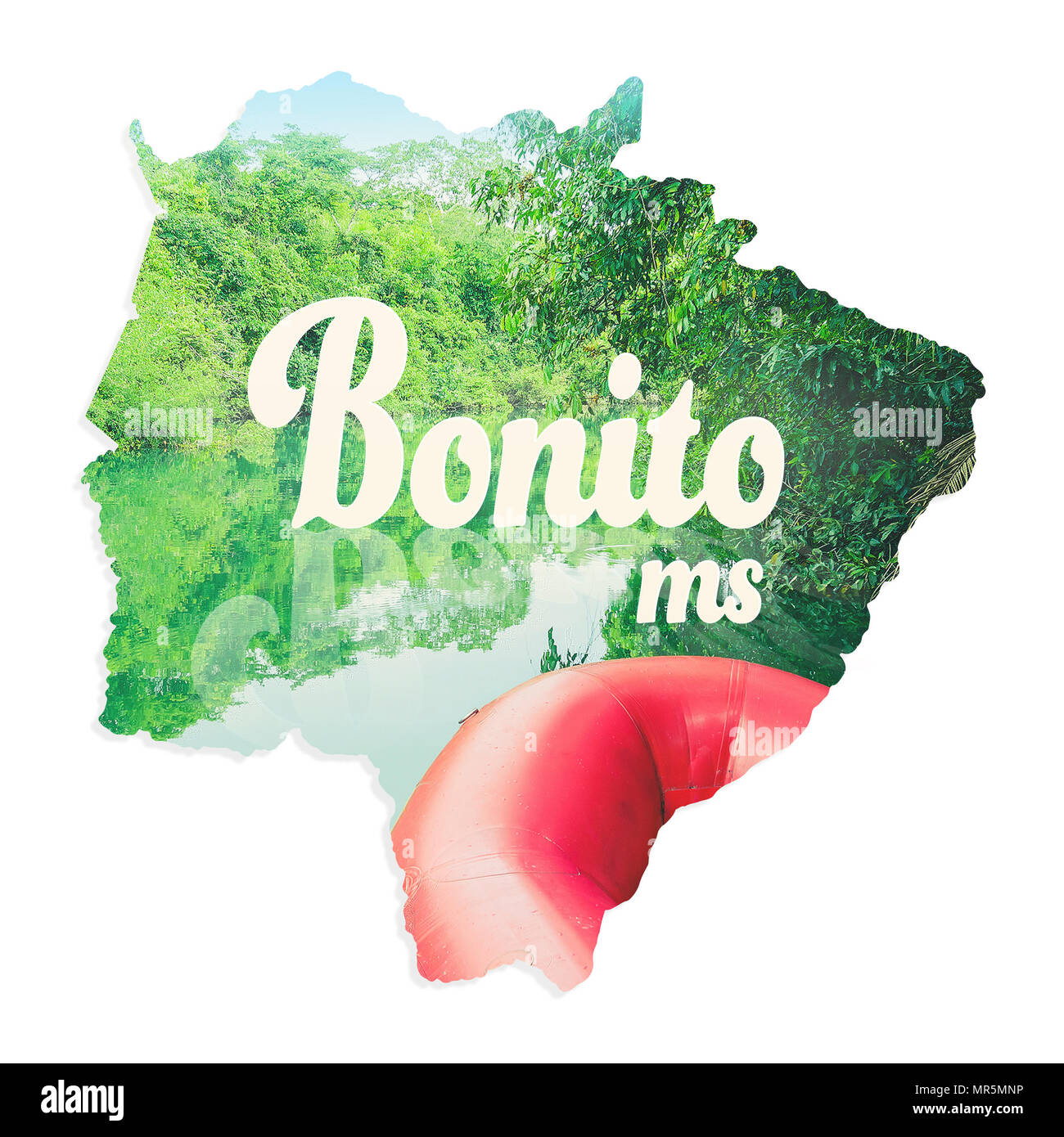 Plan de l'état du Mato Grosso do Sul avec l'image du Bonito MS à l'intérieur, la ville écotouristique, écrit 'Bonito MS'. Illustration concept avec une photo de bateau Banque D'Images