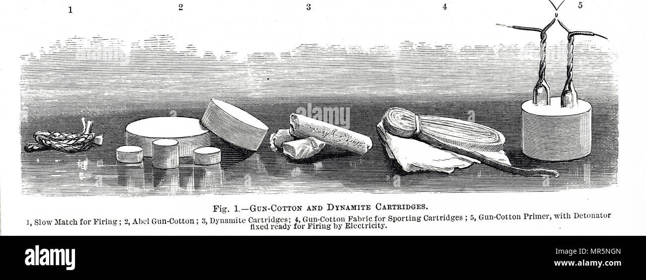 Gravure illustrant le coton des armes à feu et les cartouches de dynamite. En date du 19e siècle Banque D'Images