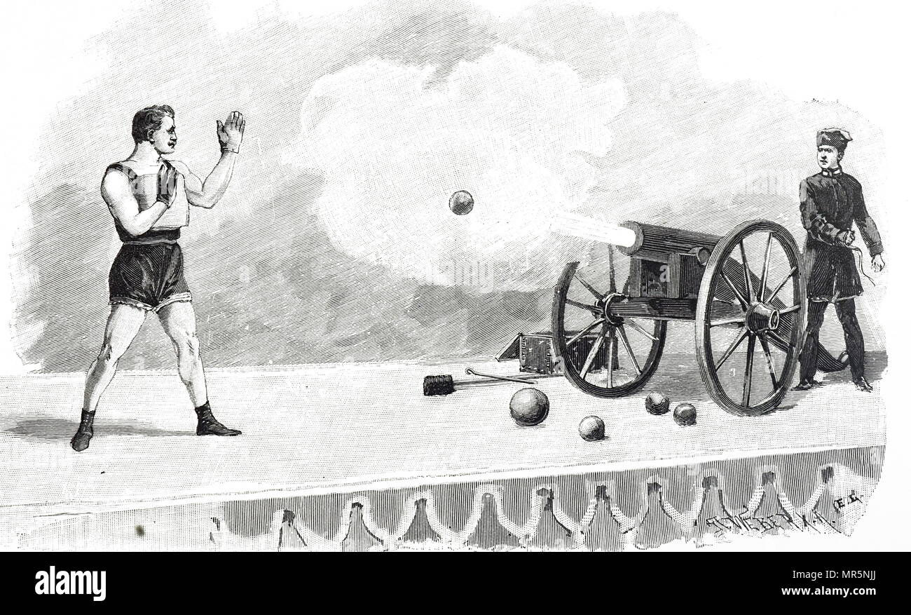 John Holtum gravure illustrant l'arrêt d'un boulet de canon en vol. Holtum acheté l'arme d'une armurerie de Birmingham en 1872 et a tourné avec son truc pendant de nombreuses années. Sa poitrine était épais, et il portait des gants de cuir, et le pire de blessure, il a soutenu la perte d'un doigt sur sa main gauche. Le boulet a été éjecté par un ressort juste avant un petit supplément a été déclenché ce qui donnerait l'impression que c'était un vrai boulet utilisé. En date du 19e siècle Banque D'Images
