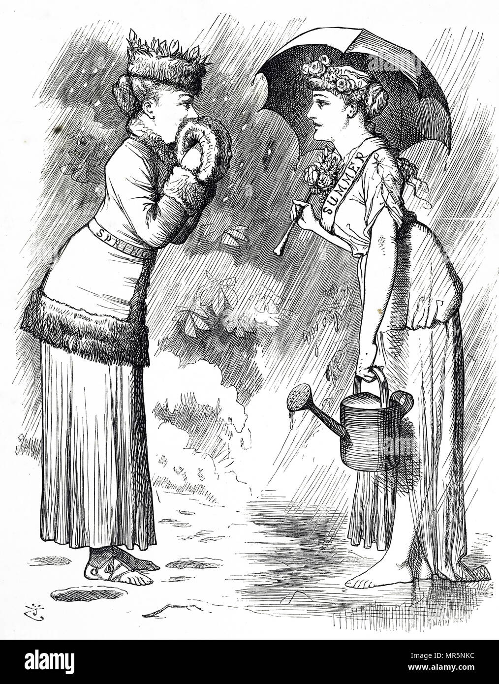 Cartoon commentant la conditions météo et neige au printemps et la pluie en été. En date du 19e siècle Banque D'Images