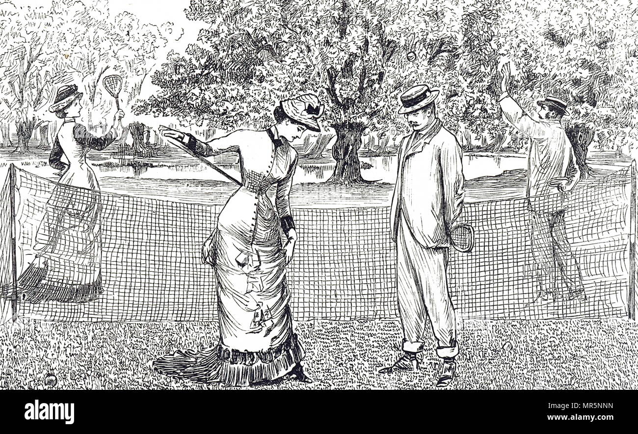 Gravure représentant un joueur de tennis féminin à l'inconfort en raison de ses nouvelles chaussures en caoutchouc. Illustré par George du Maurier (1834-1896), un caricaturiste franco-britannique et l'auteur. En date du 19e siècle Banque D'Images